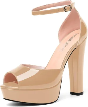 SHOWFOREST Womens Platform Patent Ankle Strap Sexy Buckle Peep Toe Night Club Block High Heel Pumps Shoes 5 Inch