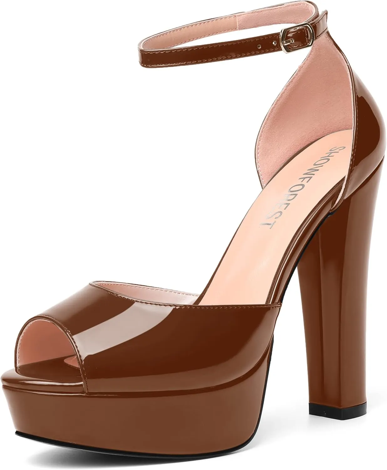 SHOWFOREST Womens Platform Patent Ankle Strap Sexy Buckle Peep Toe Night Club Block High Heel Pumps Shoes 5 Inch