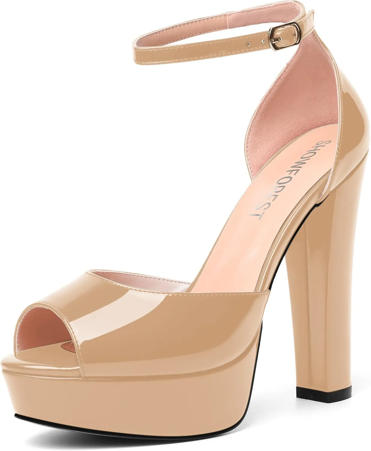 SHOWFOREST Womens Platform Patent Ankle Strap Sexy Buckle Peep Toe Night Club Block High Heel Pumps Shoes 5 Inch