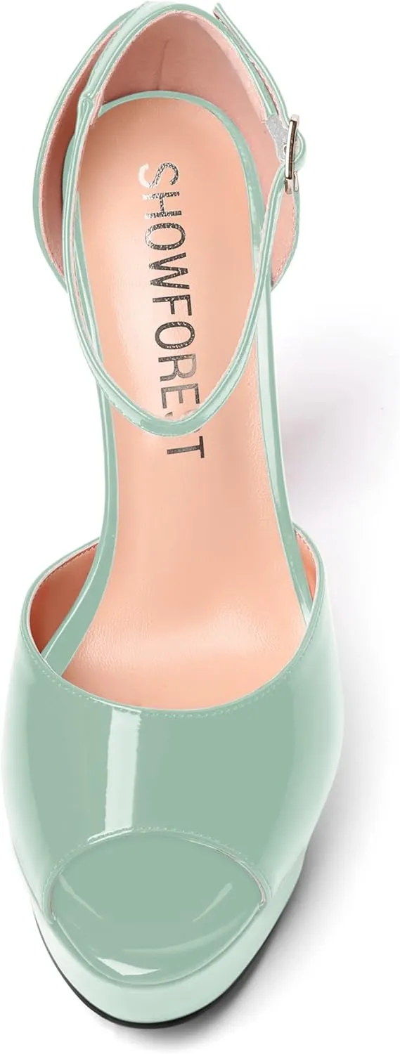 SHOWFOREST Womens Platform Patent Ankle Strap Sexy Buckle Peep Toe Night Club Block High Heel Pumps Shoes 5 Inch