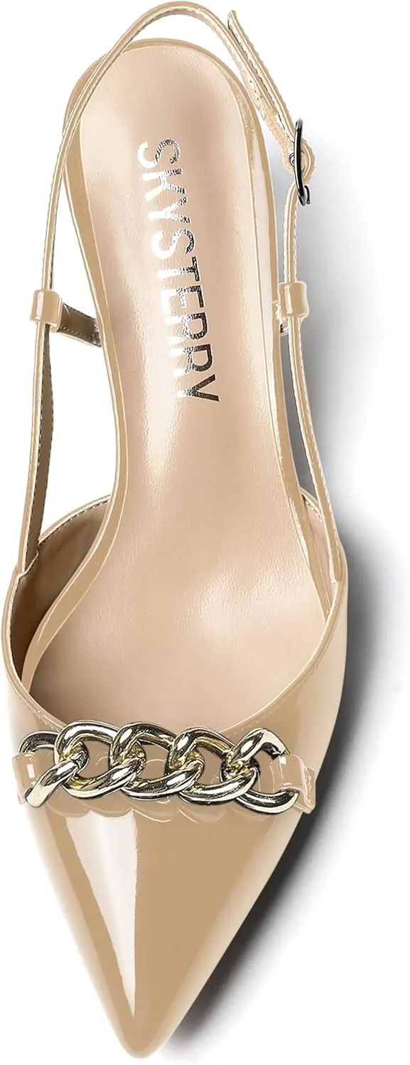 SKYSTERRY Women's Casual Metal Slip On Pointed Toe Patent Slingback Dating Spool Low Heel Pumps Shoes 2 Inch