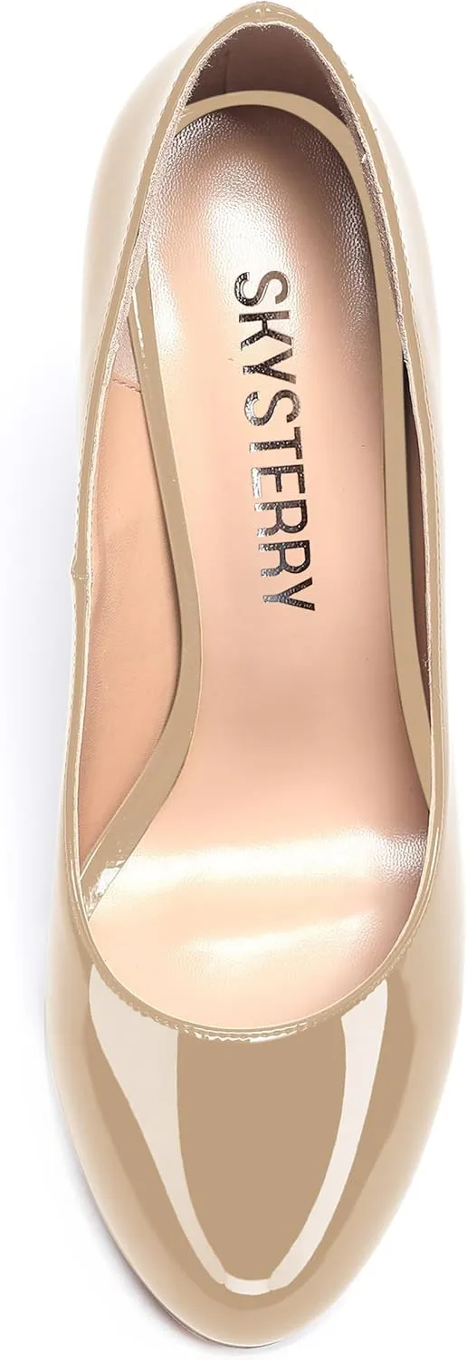 SKYSTERRY Womens Patent Slip On Round Toe Office Casual Spool High Heel Pumps Shoes 3.3 Inch