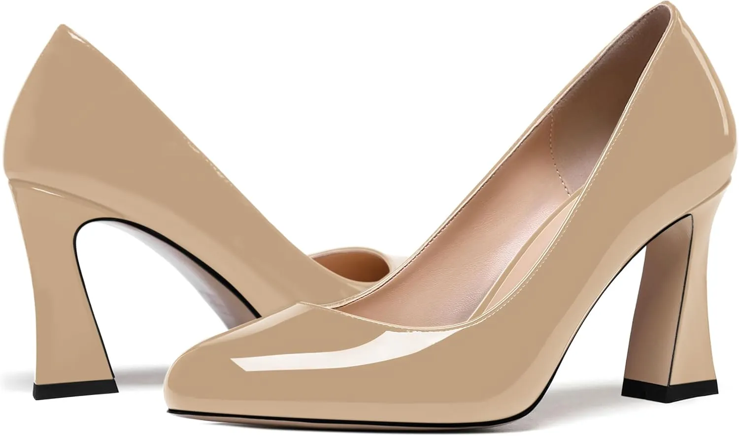 SKYSTERRY Womens Patent Slip On Round Toe Office Casual Spool High Heel Pumps Shoes 3.3 Inch