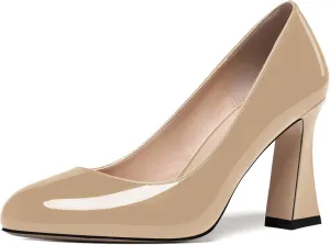 SKYSTERRY Womens Patent Slip On Round Toe Office Casual Spool High Heel Pumps Shoes 3.3 Inch