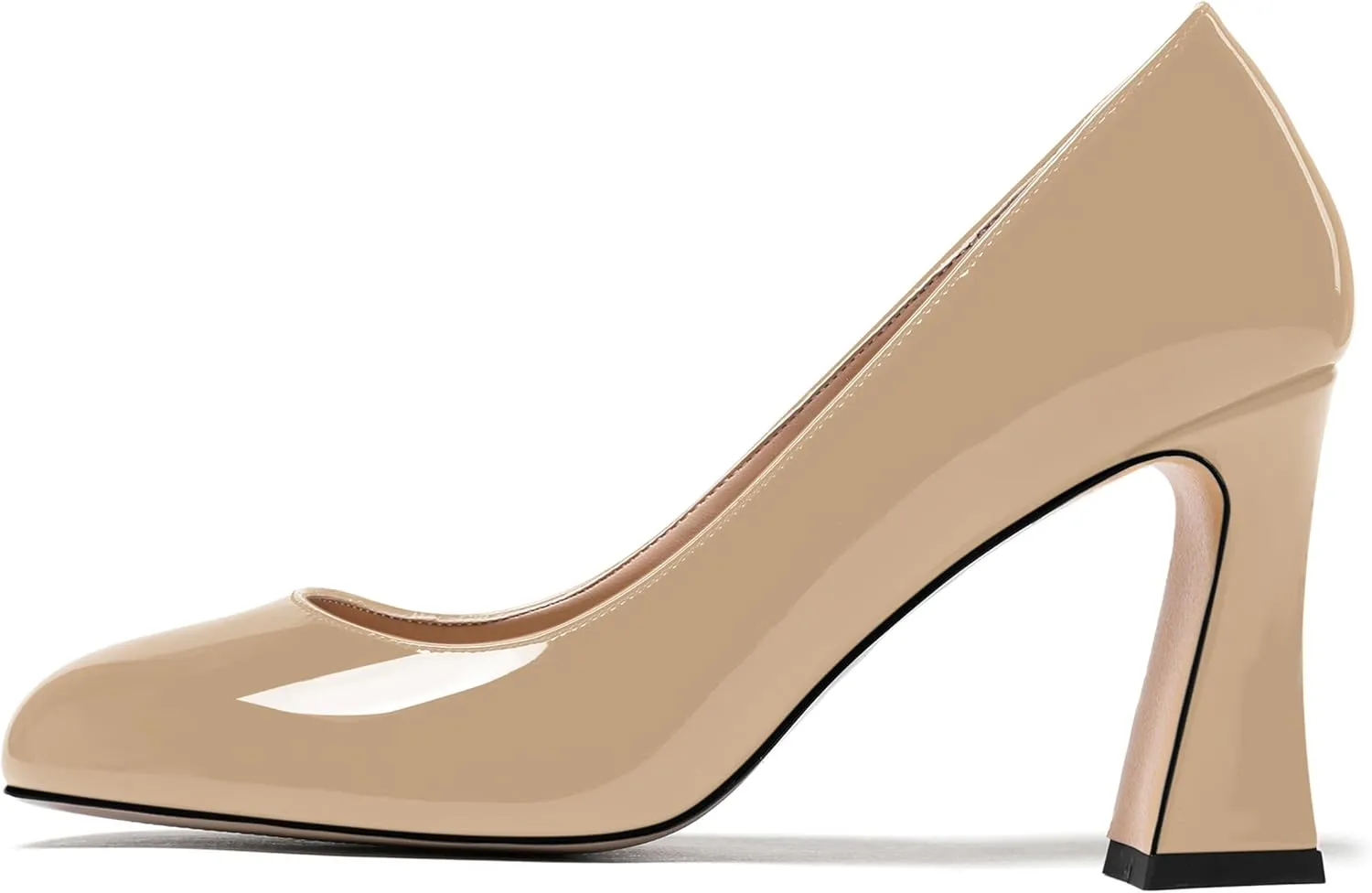 SKYSTERRY Womens Patent Slip On Round Toe Office Casual Spool High Heel Pumps Shoes 3.3 Inch
