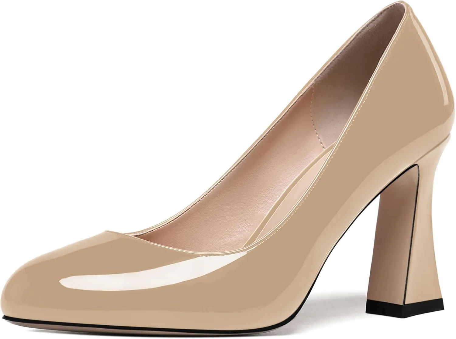 SKYSTERRY Womens Patent Slip On Round Toe Office Casual Spool High Heel Pumps Shoes 3.3 Inch