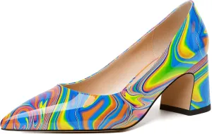 SKYSTERRY Womens Slip On Evening Cute Pointed Toe Patent Block Mid Heel Pumps Shoes 2.5 Inch