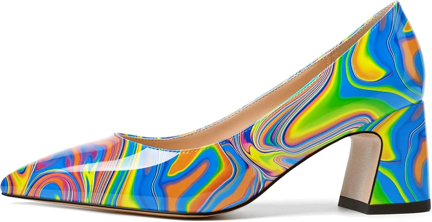 SKYSTERRY Womens Slip On Evening Cute Pointed Toe Patent Block Mid Heel Pumps Shoes 2.5 Inch