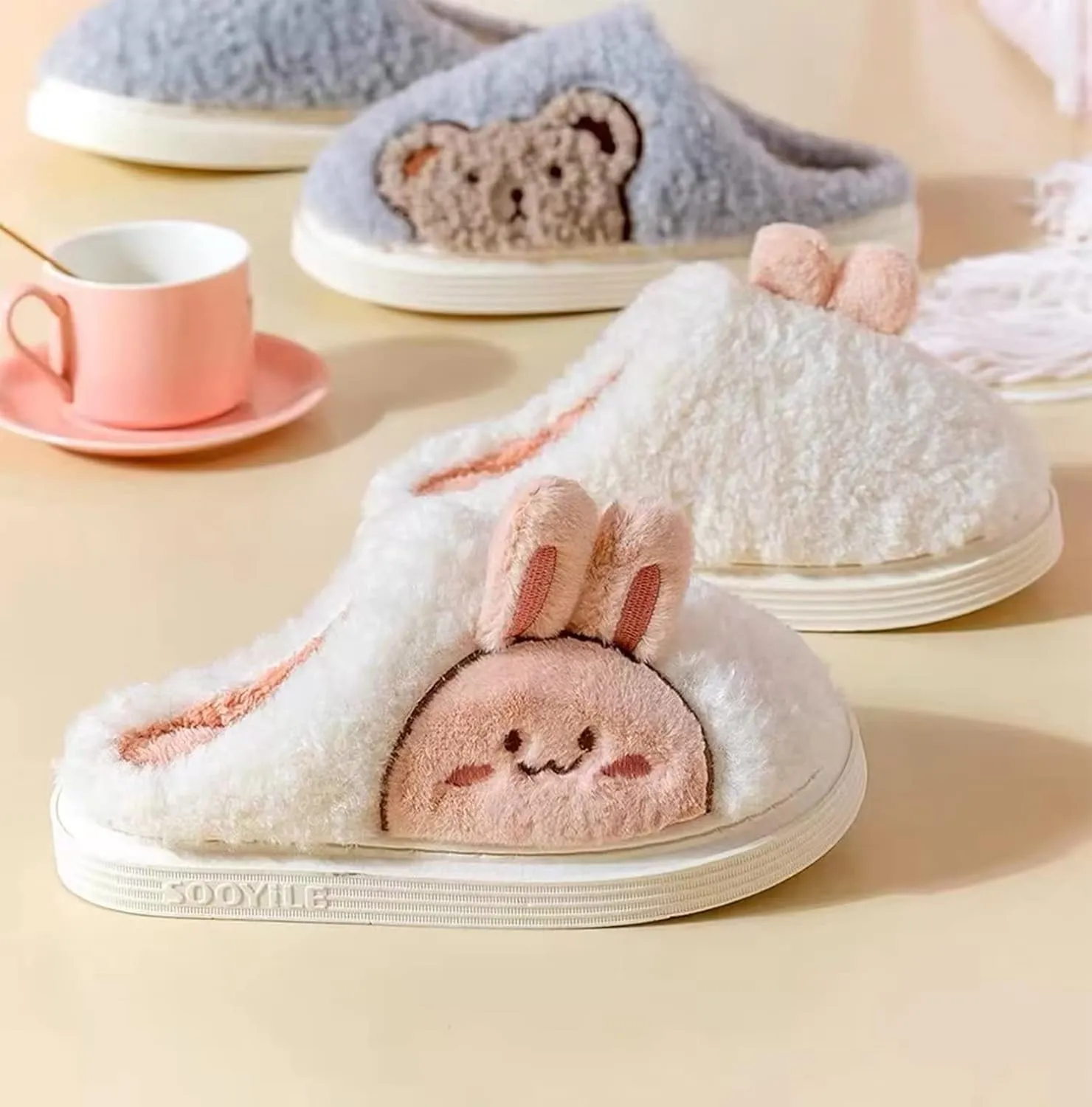Slippers for Women Indoor Fluffy Cute Bunny Bears Faux Fur Lined Slide Shoes Comfy Memory Foam Fuzzy Slippers