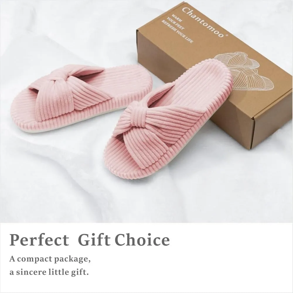Slippers for Women Memory Foam House Bedroom Corduroy Bow Crossbands Slide Slipper Shoes Comfy Trendy Gift Slippers