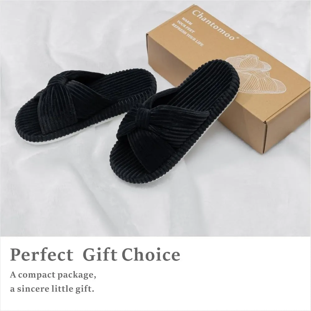 Slippers for Women Memory Foam House Bedroom Corduroy Bow Crossbands Slide Slipper Shoes Comfy Trendy Gift Slippers