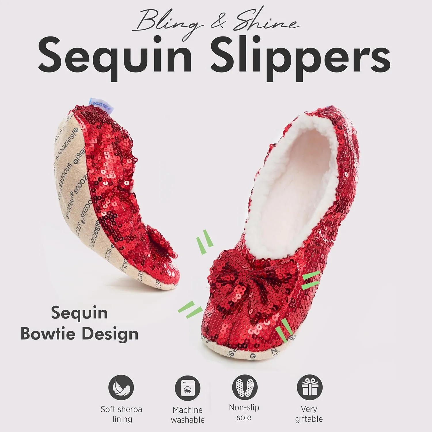 Snoozies Sequin Slippers for Women Indoor with Sherpa Lining, Womens Slipper Socks with Grips