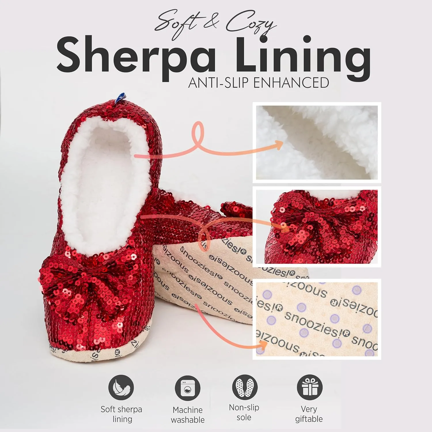 Snoozies Sequin Slippers for Women Indoor with Sherpa Lining, Womens Slipper Socks with Grips