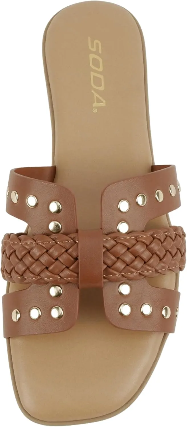 Soda “Flash” ~ Women Square Toe Ornamented H-Band Slip-On Sandals
