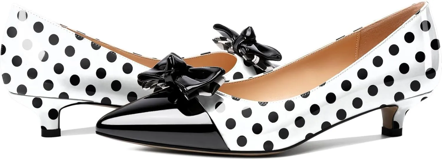 Soireelady Kitten Heels for Women Pointed Toe Low Heel Pumps Slip on Bow Heels 1.5 Inches Two Toned Evening Bride Wedding Party Dress Shoes