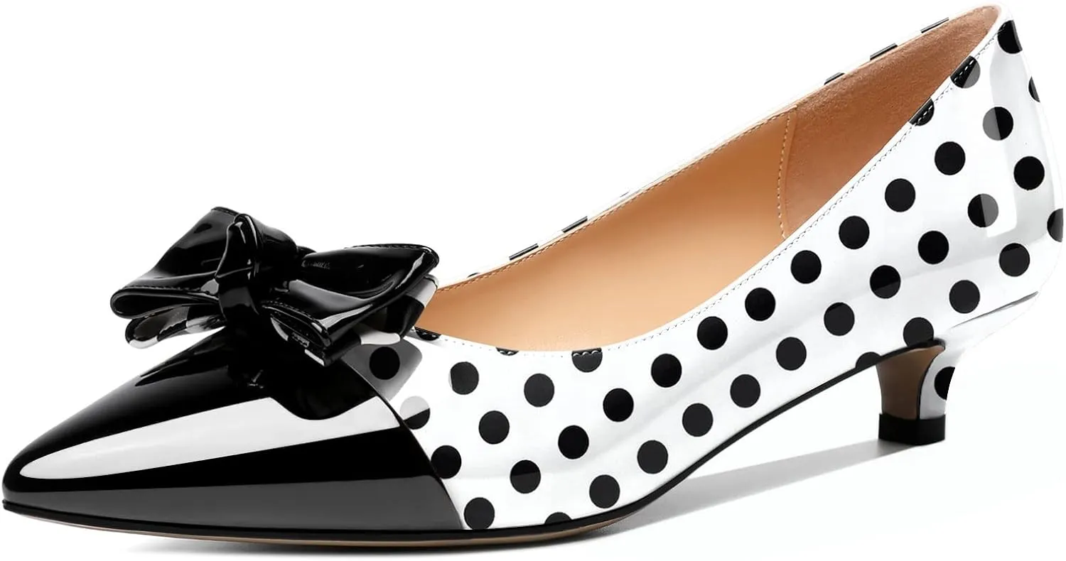 Soireelady Kitten Heels for Women Pointed Toe Low Heel Pumps Slip on Bow Heels 1.5 Inches Two Toned Evening Bride Wedding Party Dress Shoes