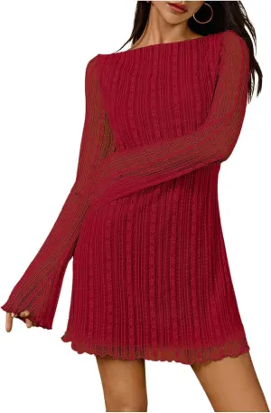 SOLY HUX Women's Lace Mini Dress Boat Neck Long Sleeve Lettuce Trim Bodycon Dresses
