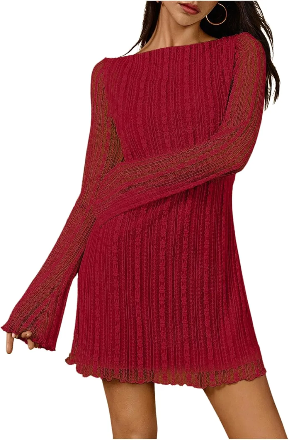 SOLY HUX Women's Lace Mini Dress Boat Neck Long Sleeve Lettuce Trim Bodycon Dresses