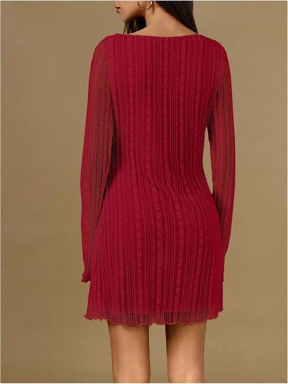 SOLY HUX Women's Lace Mini Dress Boat Neck Long Sleeve Lettuce Trim Bodycon Dresses