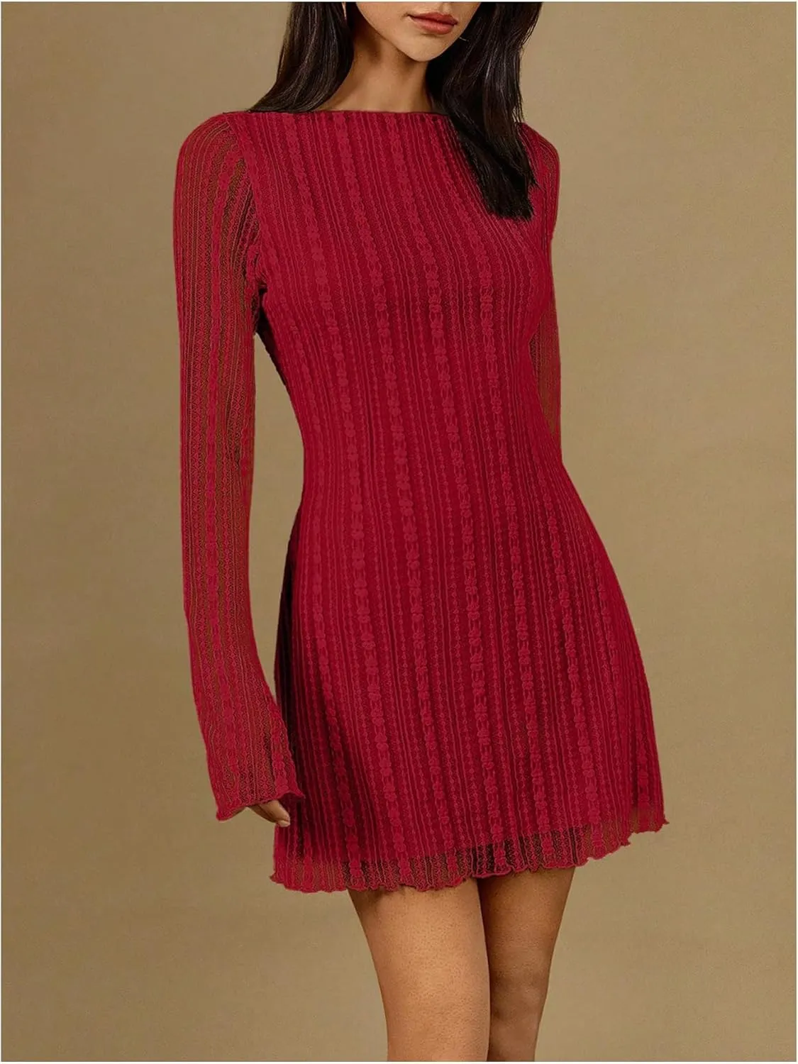SOLY HUX Women's Lace Mini Dress Boat Neck Long Sleeve Lettuce Trim Bodycon Dresses