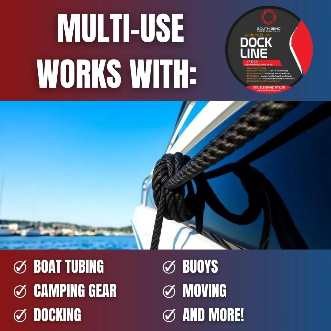 South Bend Rope Marine Grade Double Braided Nylon Dock Line w/Eye Splice (Black, 1-inch x 35 feet)