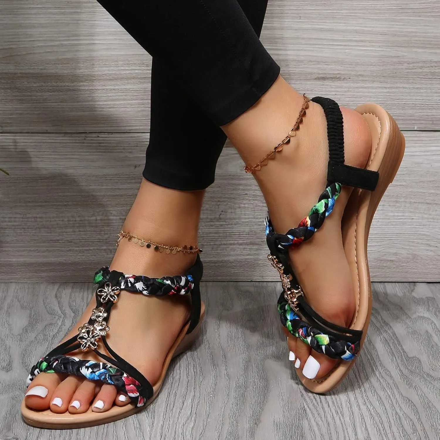 Sparkly Sandals for Women Rhinestone Sandals Wedding Sandal Bride Boho Sandal Bridal Shoes Beach Dressy Summer Flat Casual Beaded Bling Lace Flower Elastic Ankle Strap Beach Wedding Shoes