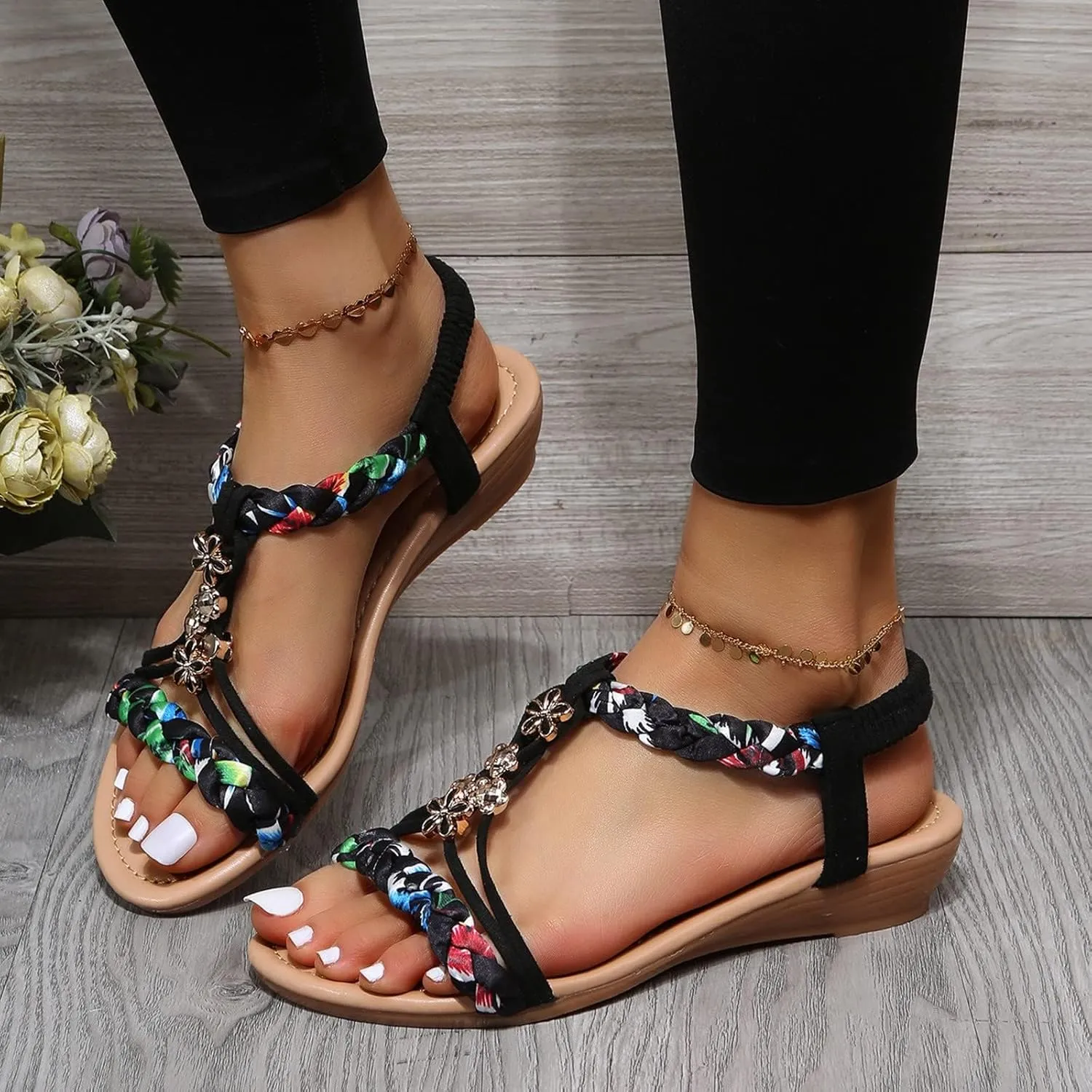 Sparkly Sandals for Women Rhinestone Sandals Wedding Sandal Bride Boho Sandal Bridal Shoes Beach Dressy Summer Flat Casual Beaded Bling Lace Flower Elastic Ankle Strap Beach Wedding Shoes