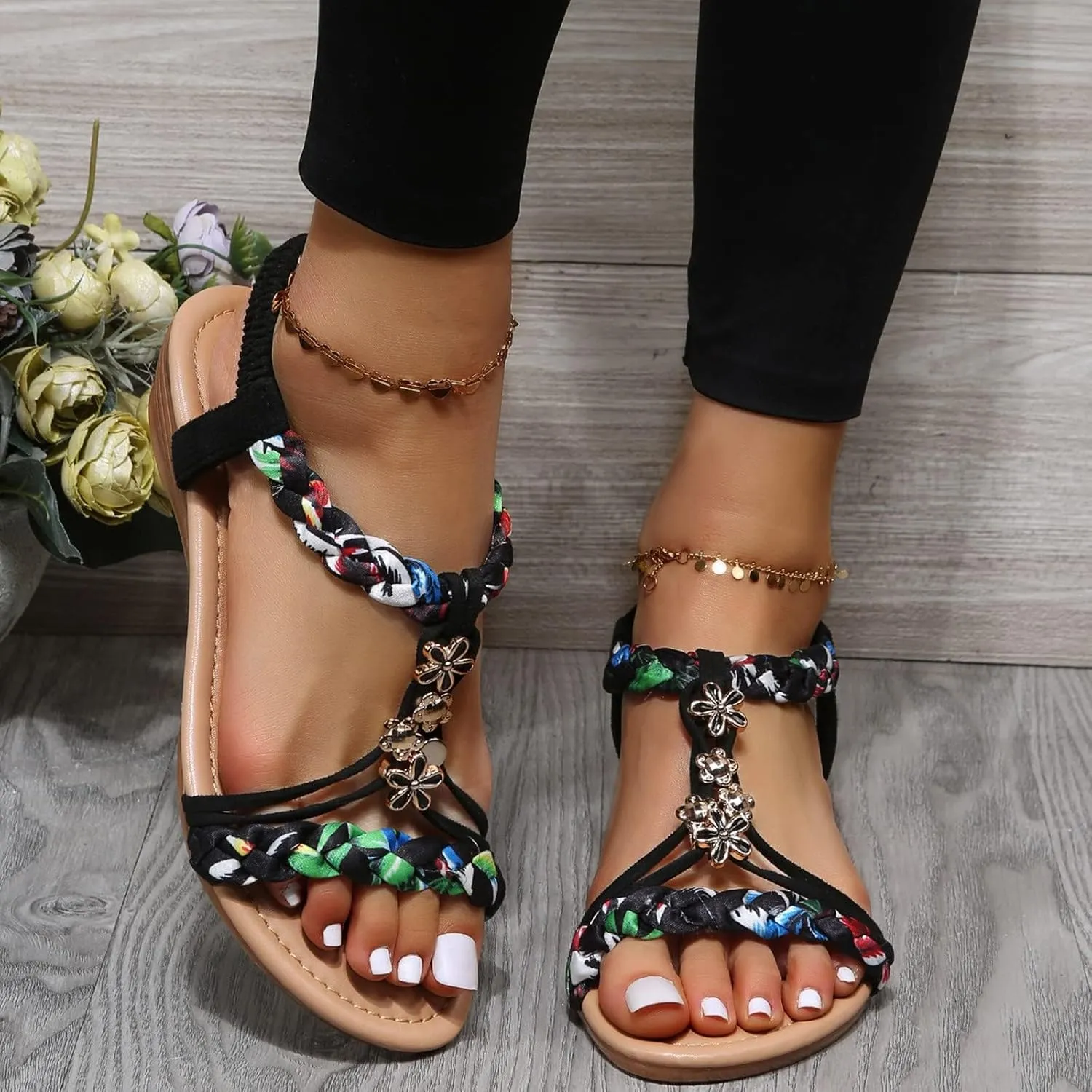 Sparkly Sandals for Women Rhinestone Sandals Wedding Sandal Bride Boho Sandal Bridal Shoes Beach Dressy Summer Flat Casual Beaded Bling Lace Flower Elastic Ankle Strap Beach Wedding Shoes
