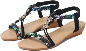 Sparkly Sandals for Women Rhinestone Sandals Wedding Sandal Bride Boho Sandal Bridal Shoes Beach Dressy Summer Flat Casual Beaded Bling Lace Flower Elastic Ankle Strap Beach Wedding Shoes
