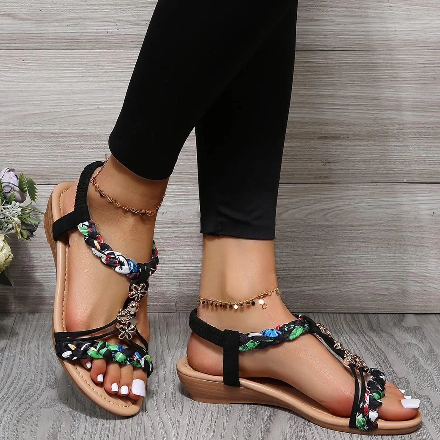 Sparkly Sandals for Women Rhinestone Sandals Wedding Sandal Bride Boho Sandal Bridal Shoes Beach Dressy Summer Flat Casual Beaded Bling Lace Flower Elastic Ankle Strap Beach Wedding Shoes