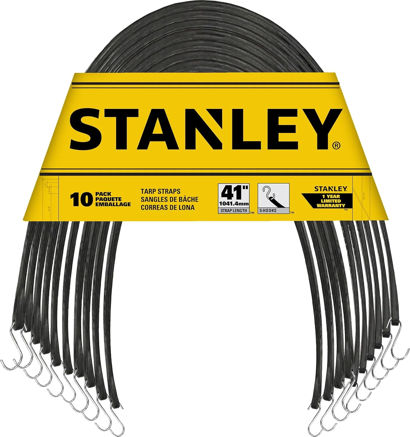 STANLEY S300441 Black 41" All-Weather Rubber Bungee Cords with S-Hooks for Securing Tarps, Flatbed Hauler and Boat Covers, Storage, and Cargo, 10 Pack