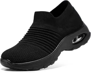 STQ Walking Shoes Women Breathable Slip on Tennis Shoes Black Sneakers with Arch Support