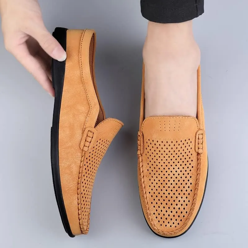Summer Half Shoes for Men Slip-On Loafers Leather Casual Flats Breathable