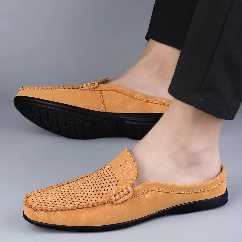Summer Half Shoes for Men Slip-On Loafers Leather Casual Flats Breathable