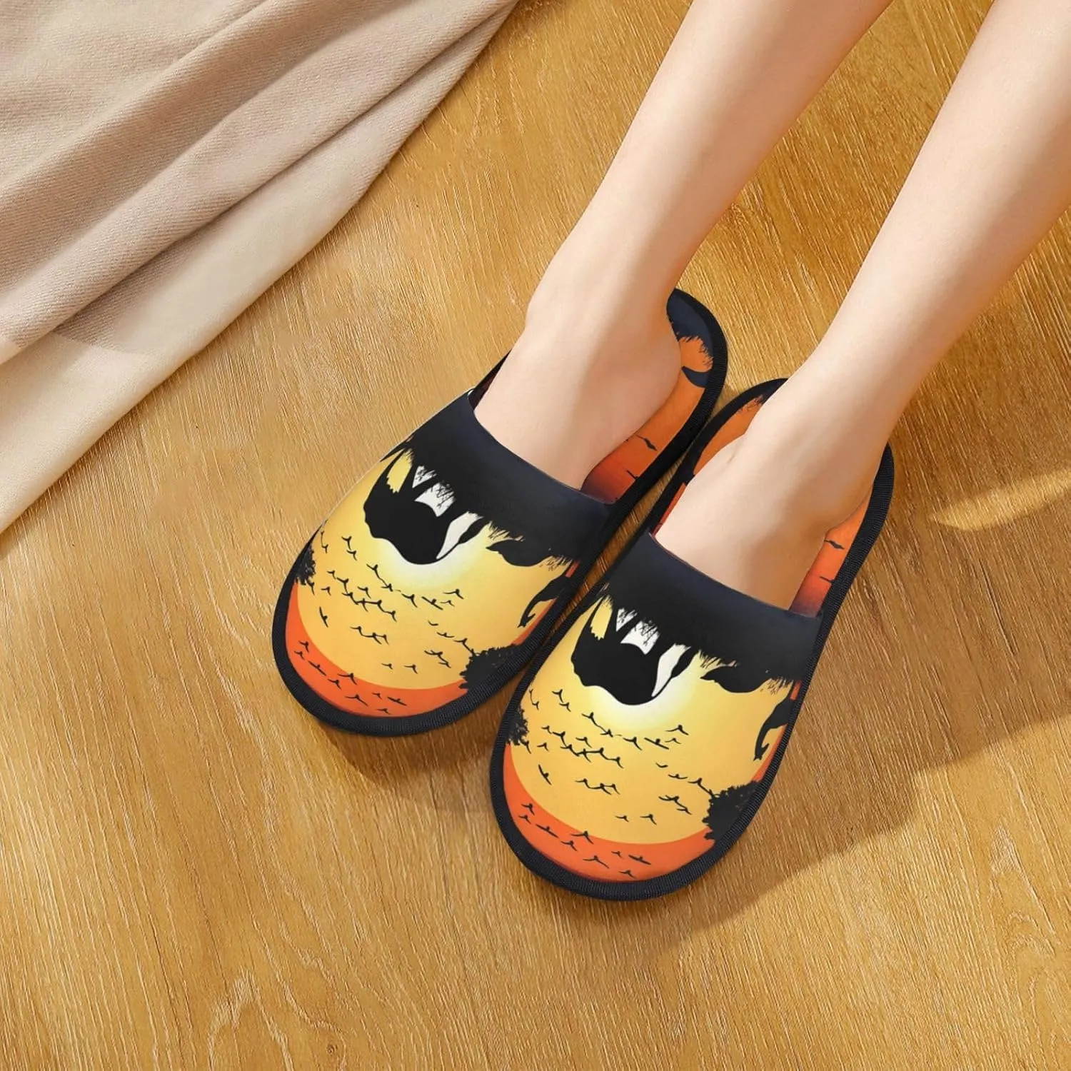 Sunset animals silhouette Furry House Slippers for Women Men Soft Fuzzy Slippers Indoor Casual Plush House Shoes