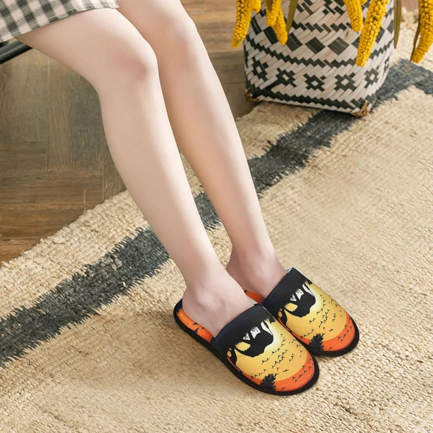 Sunset animals silhouette Furry House Slippers for Women Men Soft Fuzzy Slippers Indoor Casual Plush House Shoes