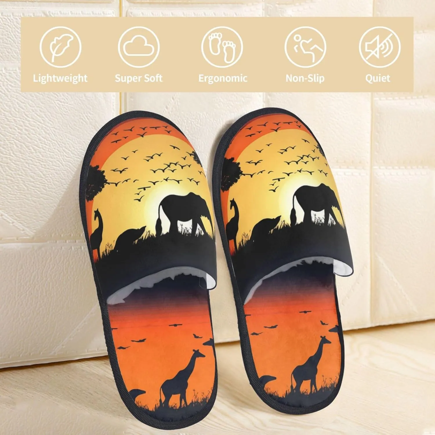 Sunset animals silhouette Furry House Slippers for Women Men Soft Fuzzy Slippers Indoor Casual Plush House Shoes