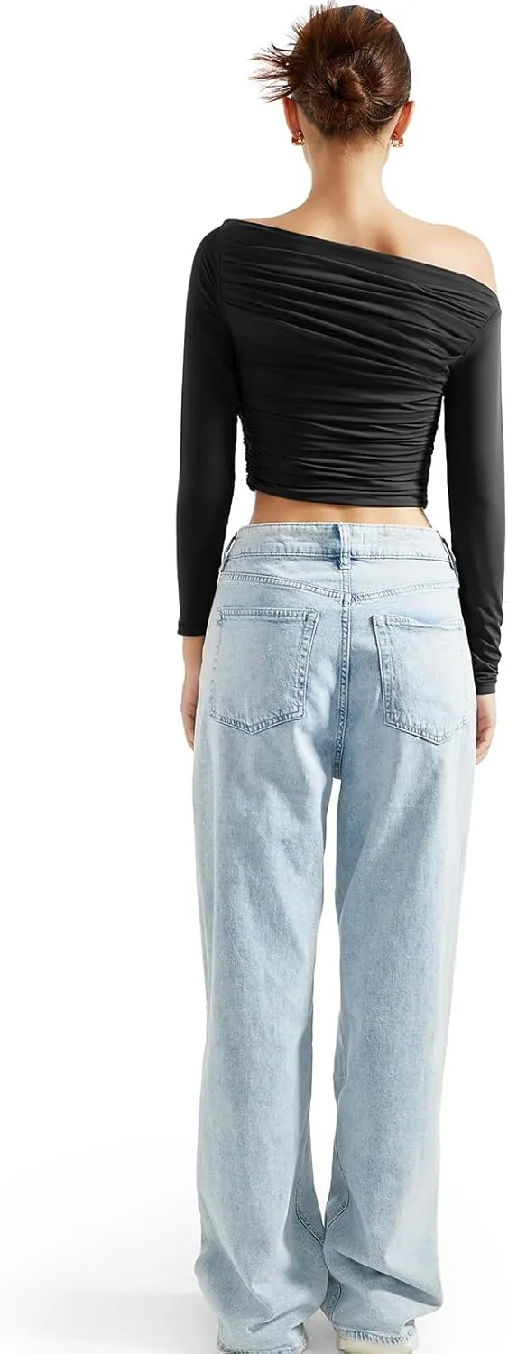 SUUKSESS Women Off Shoulder Long Sleeve Shirts Double Lined Fitted Crop Tops