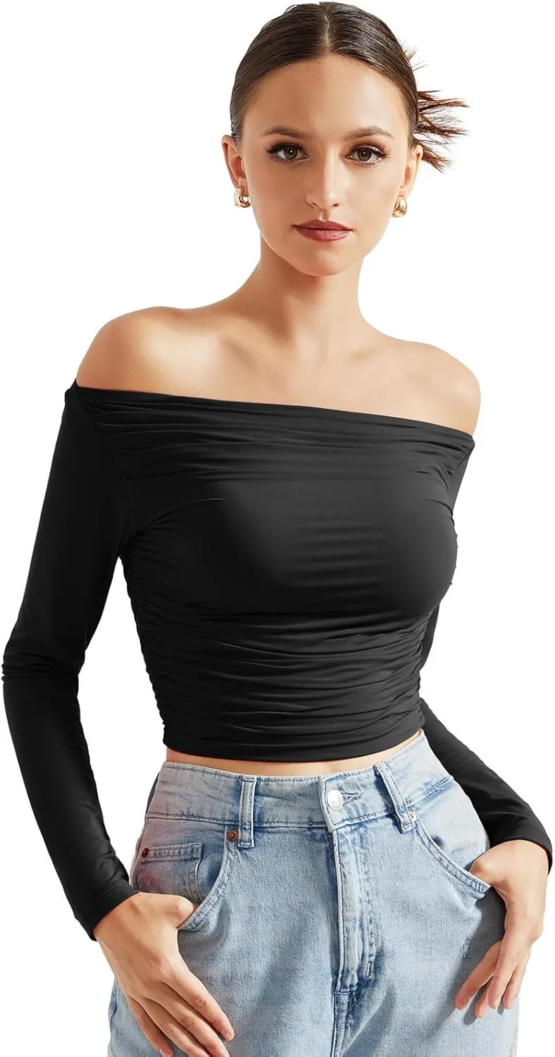 SUUKSESS Women Off Shoulder Long Sleeve Shirts Double Lined Fitted Crop Tops