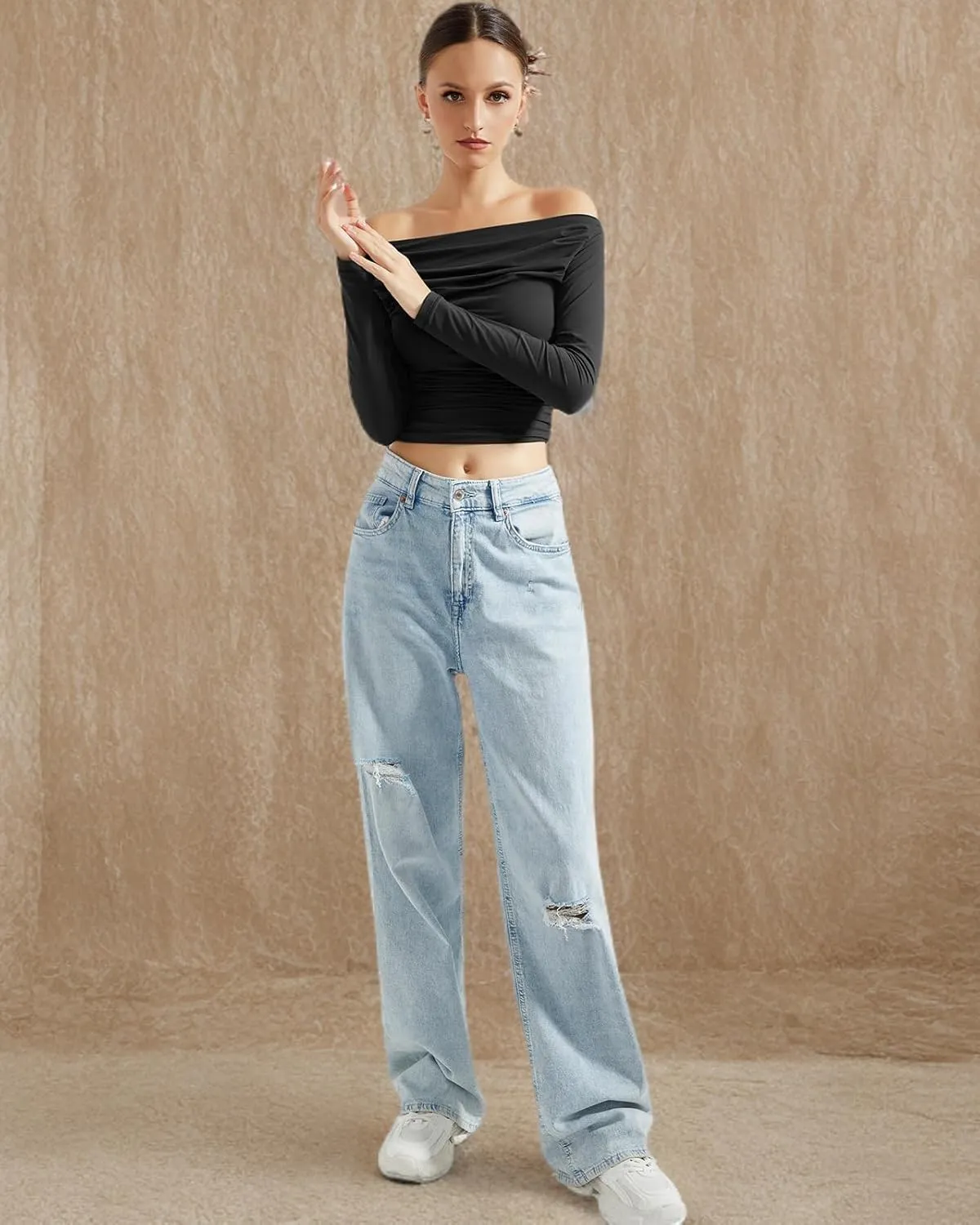 SUUKSESS Women Off Shoulder Long Sleeve Shirts Double Lined Fitted Crop Tops