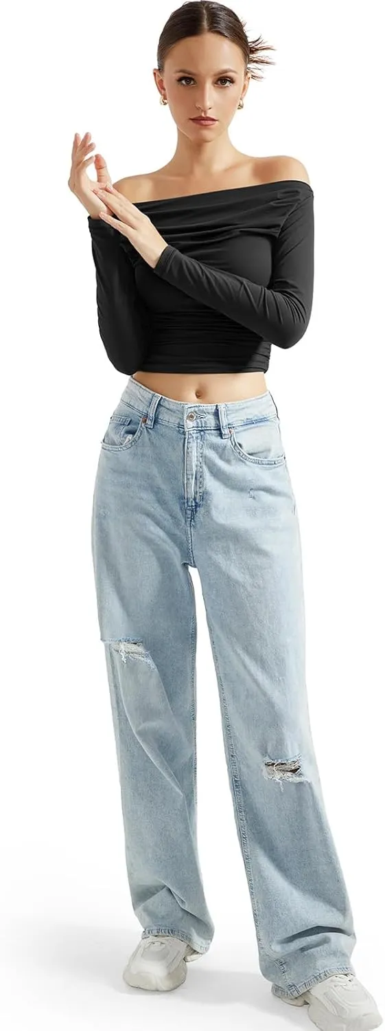 SUUKSESS Women Off Shoulder Long Sleeve Shirts Double Lined Fitted Crop Tops