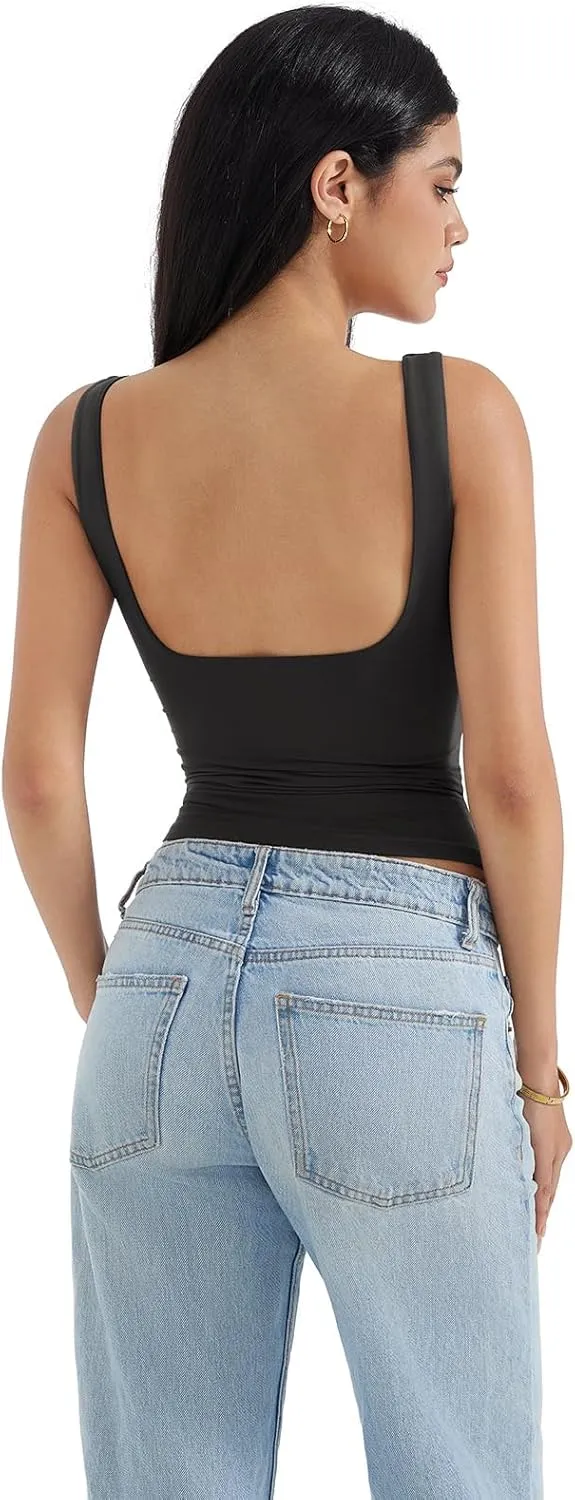 SUUKSESS Women Padded Open Back Boat Neck Tank Tops Double Lined Basic Shirts