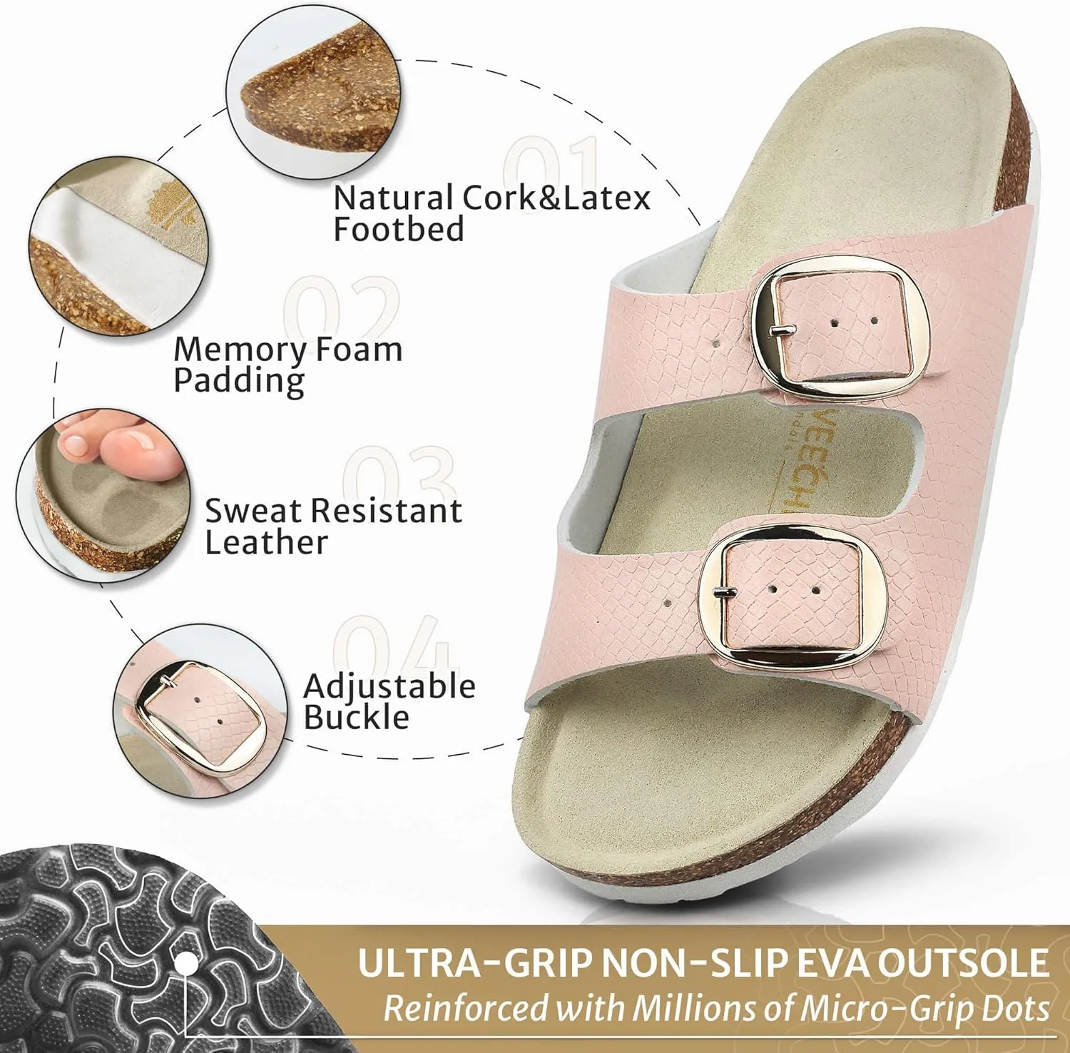 Sweechee Women's Cork Sandals Soft Footbed, Comfortable Slides Shoes for Women