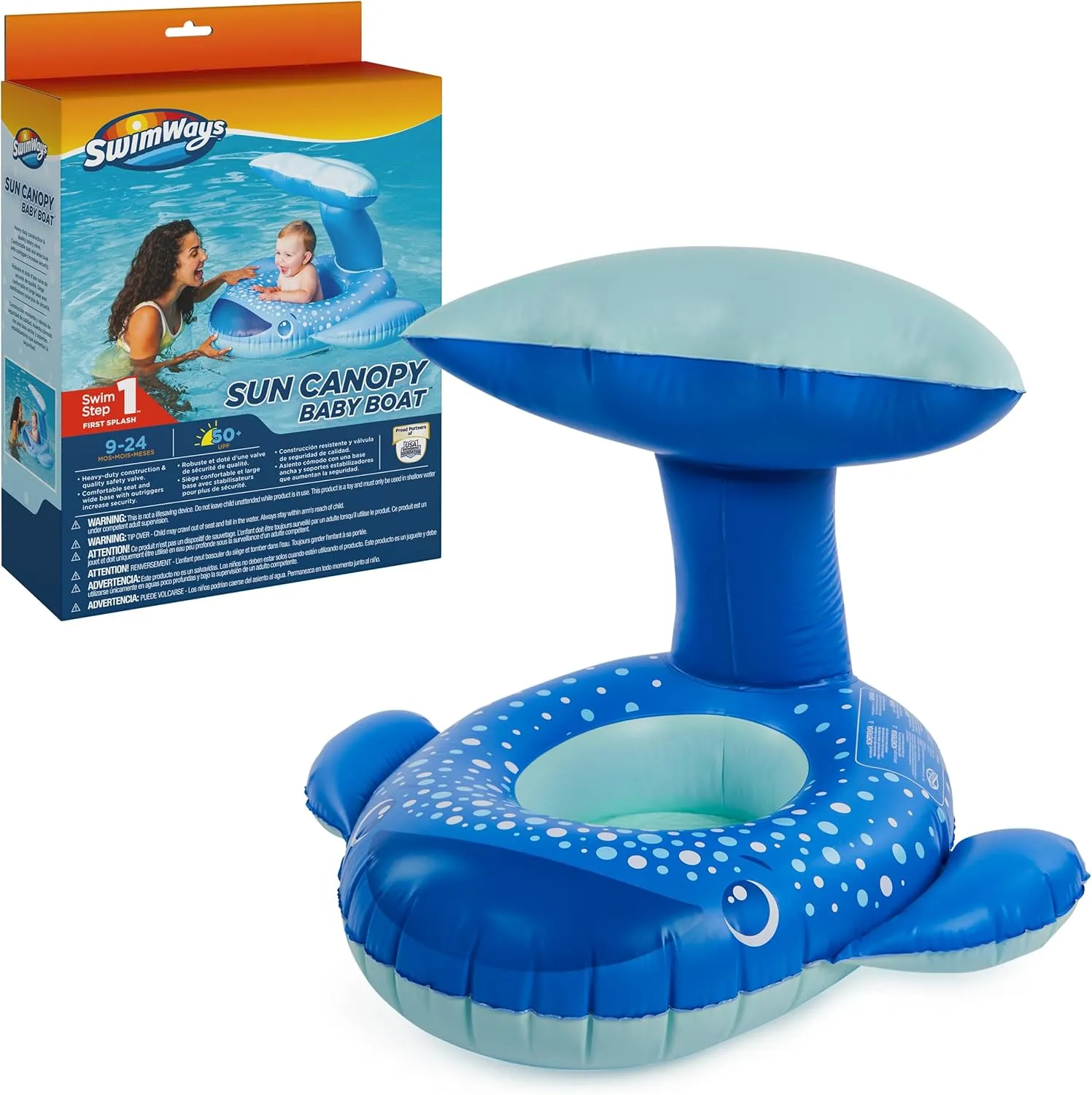 Swimways Sun Canopy Baby Boat, Inflatable Baby Pool Float & Swimming Pool Accessories with Fast Inflation, Whale Toys for Kids Aged 9-24 Months