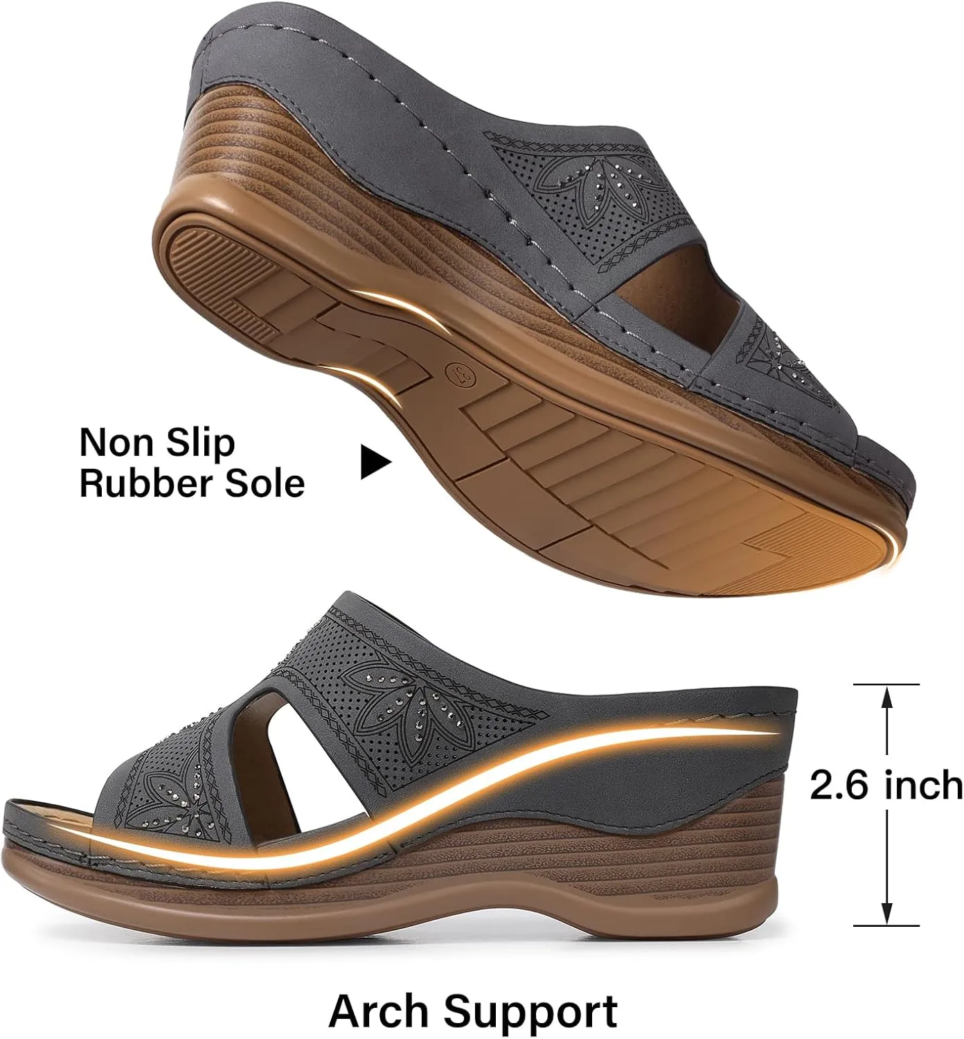 TEMOFON Women Wedge Sandals Dressy: Soft Leather Sandal, Rubber Sole, Comfortable Walking, Casual Slip on Summer Sandals