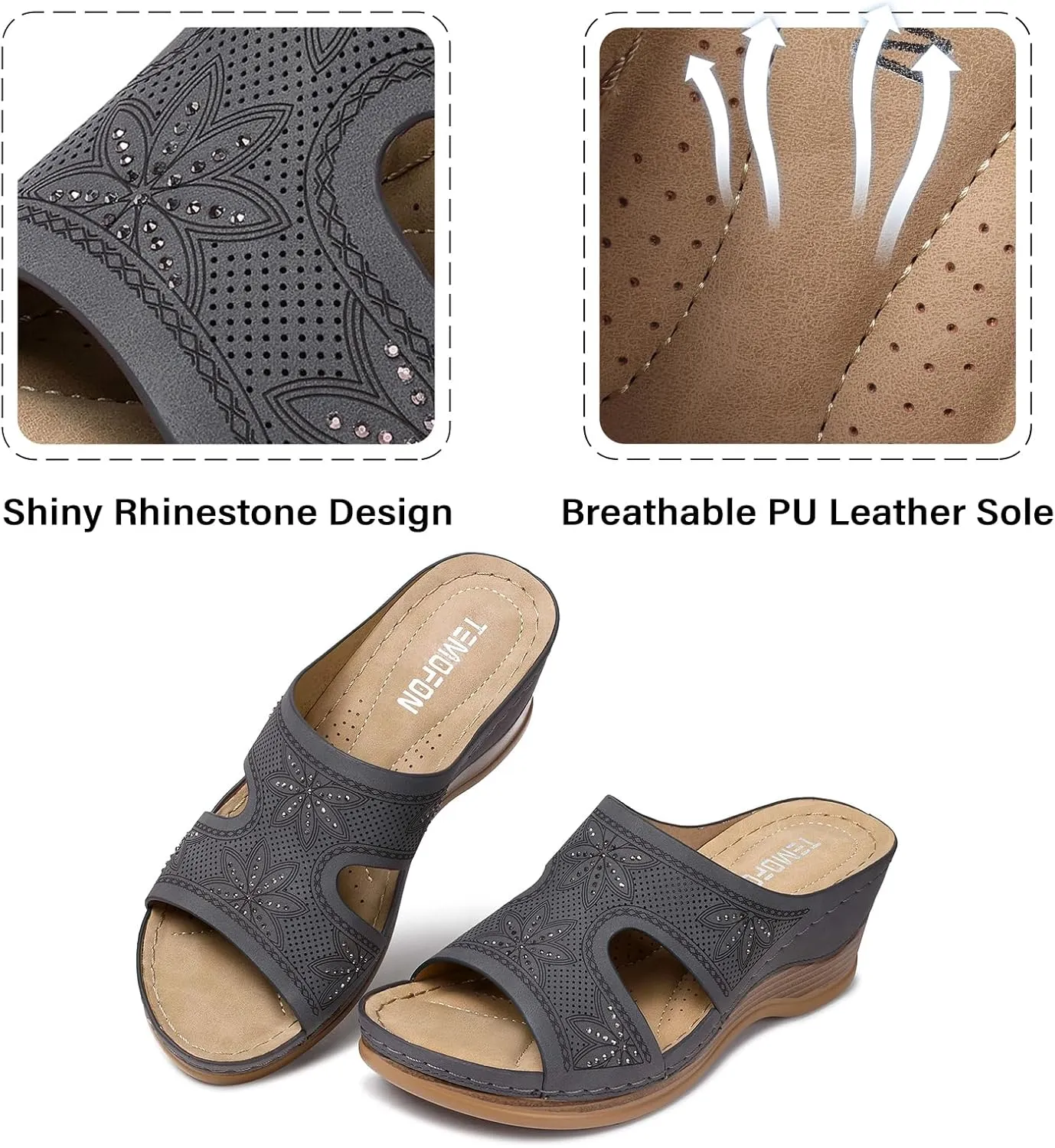 TEMOFON Women Wedge Sandals Dressy: Soft Leather Sandal, Rubber Sole, Comfortable Walking, Casual Slip on Summer Sandals