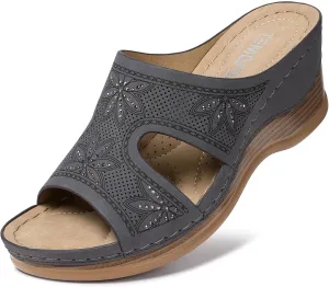 TEMOFON Women Wedge Sandals Dressy: Soft Leather Sandal, Rubber Sole, Comfortable Walking, Casual Slip on Summer Sandals