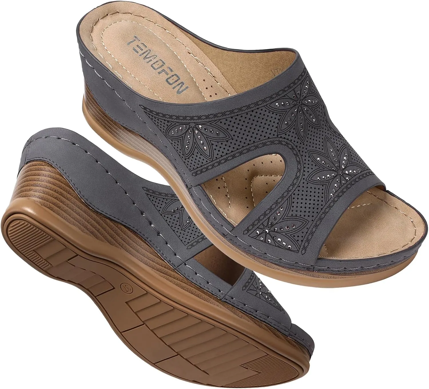TEMOFON Women Wedge Sandals Dressy: Soft Leather Sandal, Rubber Sole, Comfortable Walking, Casual Slip on Summer Sandals