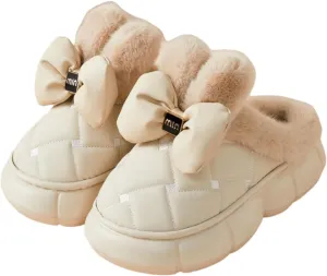 Thick Sole Fluffy Slippers for women, Winter Women's Waterproof & Warm Slippers with Bow Decor, Soft Fleece and Stylish Design Fuzzy Slippers