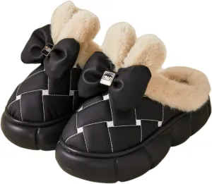 Thick Sole Fluffy Slippers for women, Winter Women's Waterproof & Warm Slippers with Bow Decor, Soft Fleece and Stylish Design Fuzzy Slippers